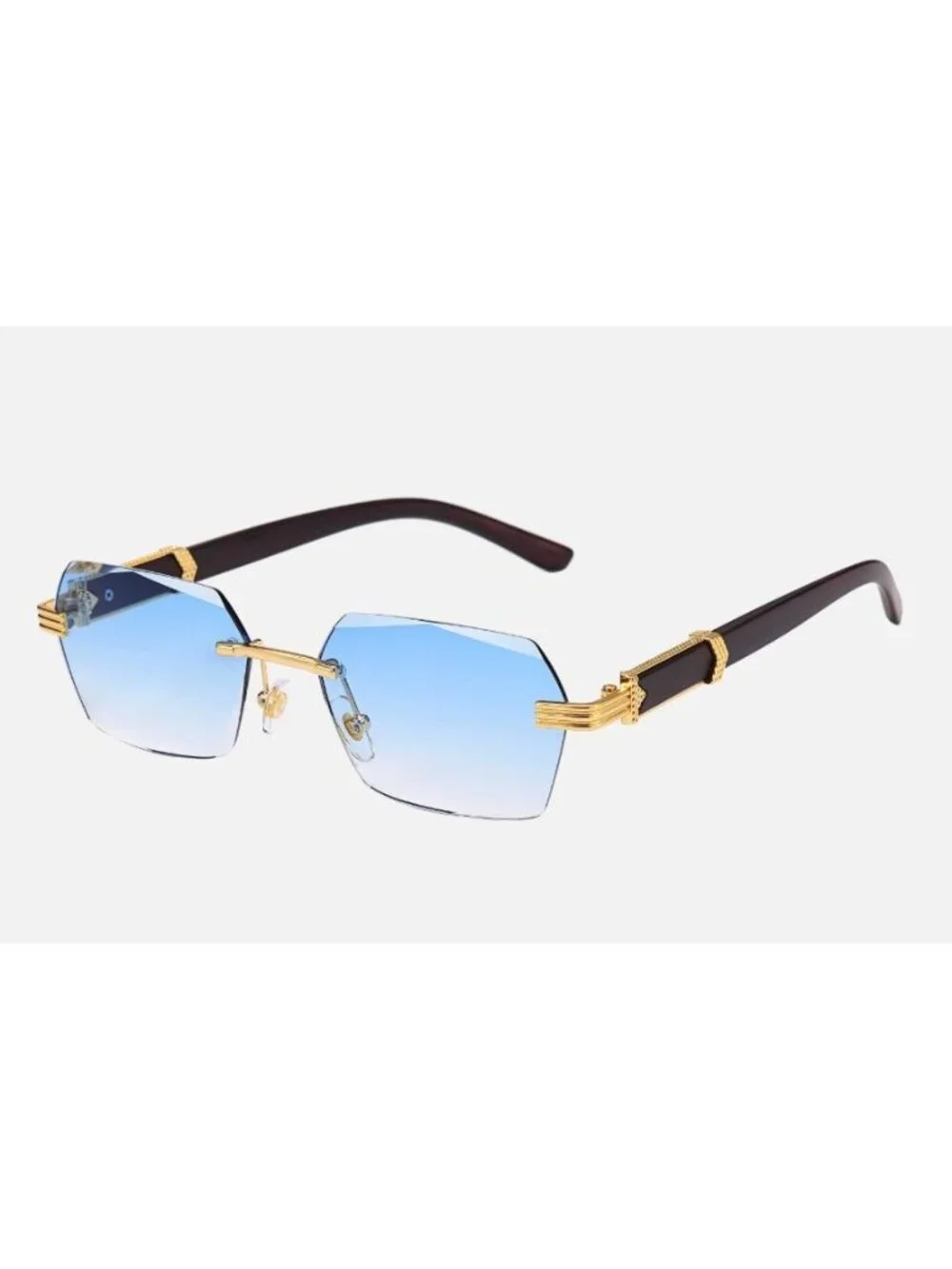 Retro Unisex Rimless Blue Gradient Sunglasses W/ Gold-Tone & Wooden Arms